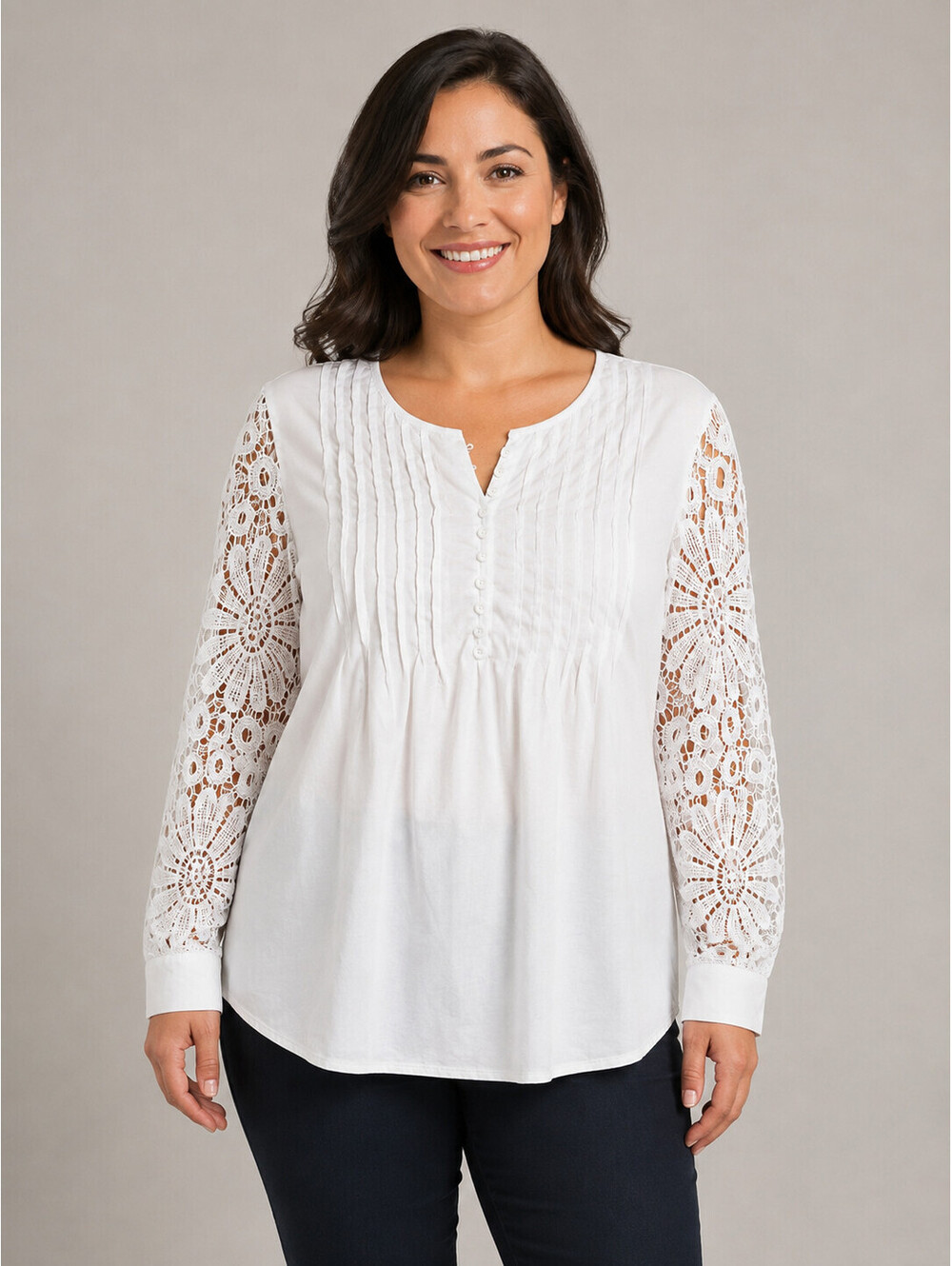 White Tunic Blouse Sheer Crochet Lace Long Sleeve Size Large